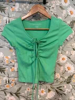 American Eagle Outfitters Bright Green Ribbed Cinch-Front Crop Top